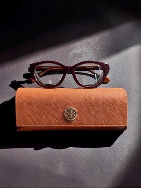 Tory Burch Beet Red Eyeglasses with Gold Logo and Orange Case